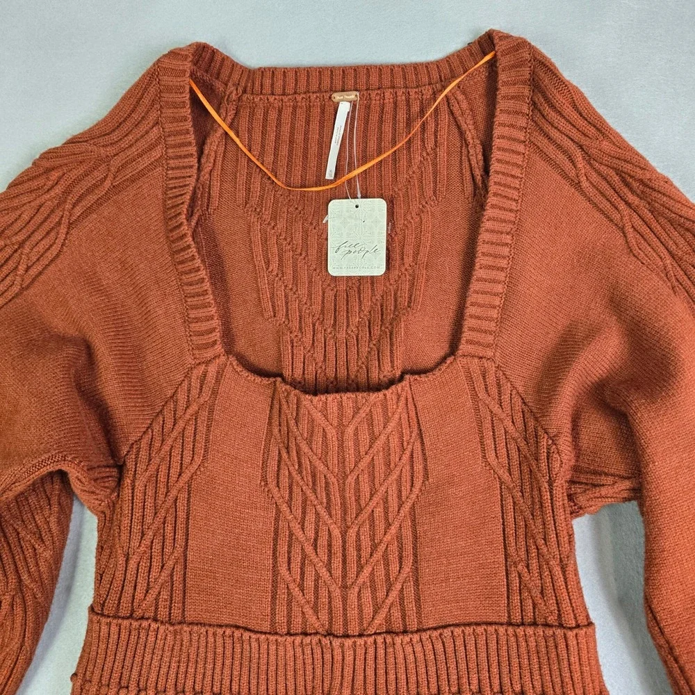 Free People Sweater Dress Womens XL Rust Orange Cable Knit Open Back Balloon New